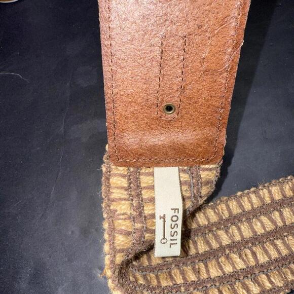 Vintage Fossil Wide Stretch Cinch Waist Belt Leather Woven Gold Buckle Boho - Picture 5 of 12